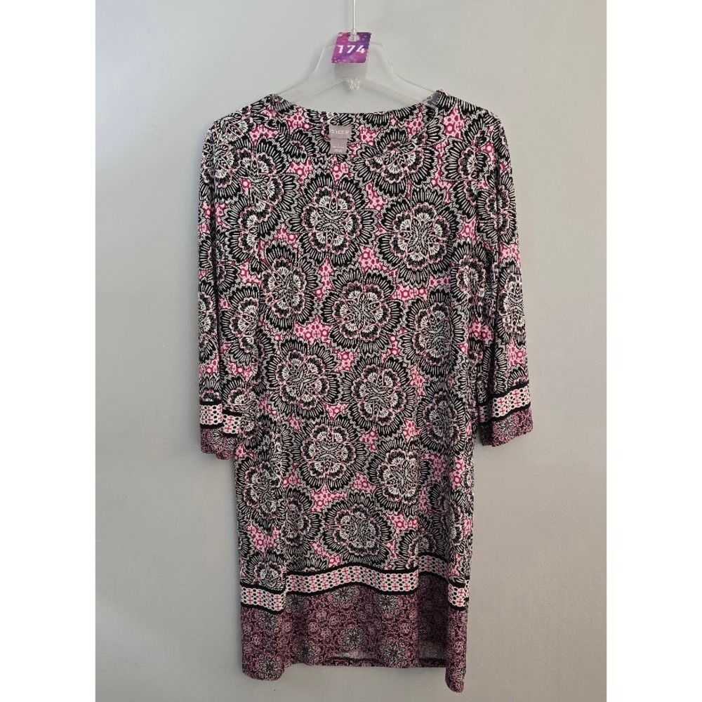 Chico's Womens Dress Etch Floral Shirt Pink Black White Knee Length 1 (8/10) - Picture 1 of 5